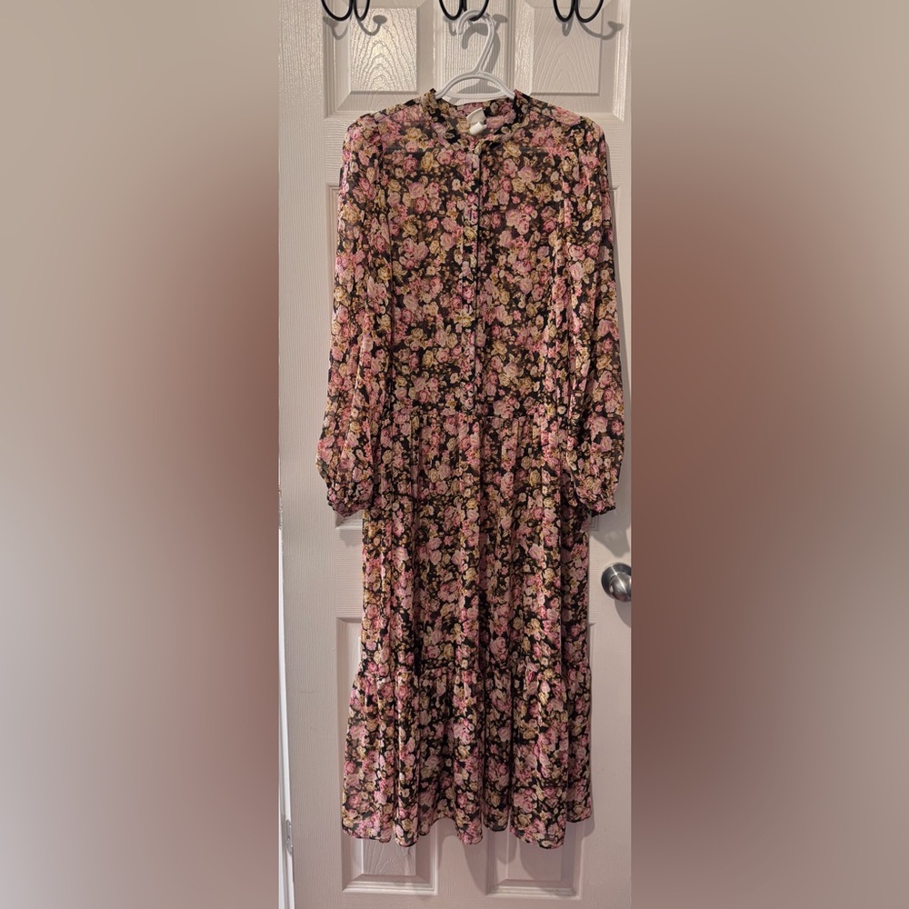 H&M Black Floral Long Sleeve Midi Dress with Pink & Cream Roses